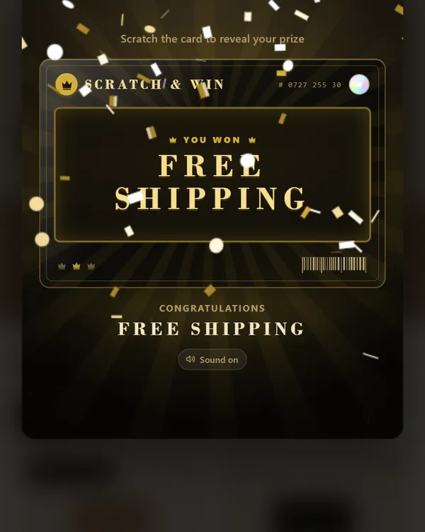 A gold scratch ticket revealing “Free shipping” with confetti falling around it.