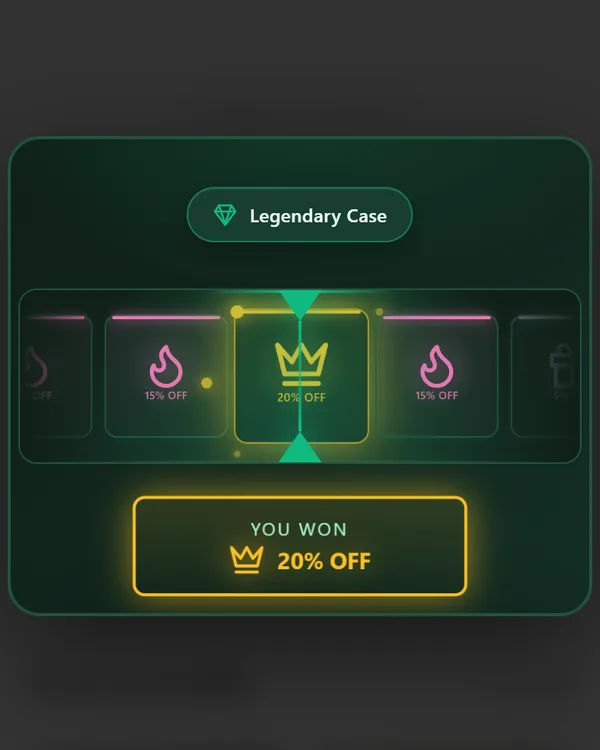 A green case-opening strip stopped on a gold crown card marked 20% off, with “You won 20% off” below.